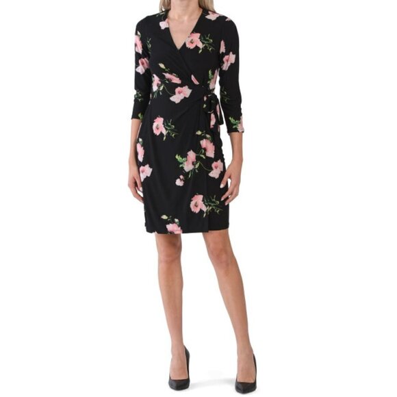 NWT Anne Klein Floral Print V-Neck Wrap Mini Dress - Picture 2 of 6